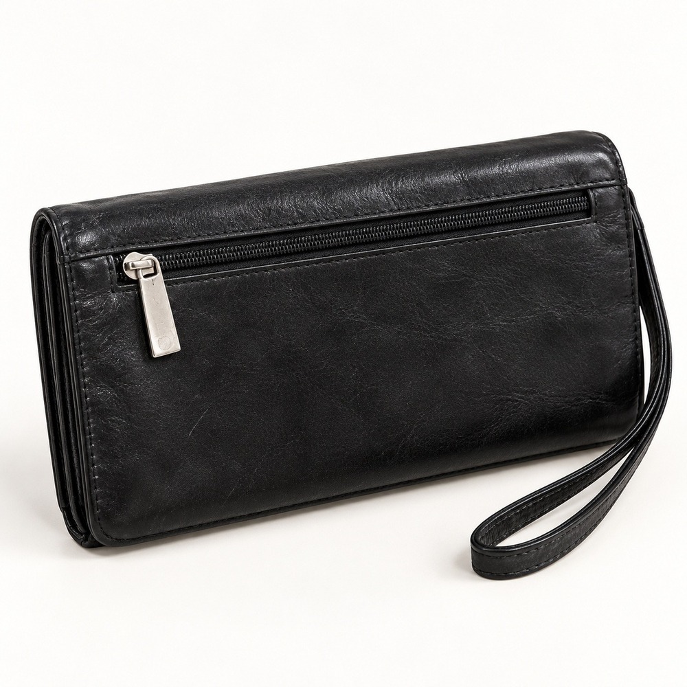 HOBO International Leather Wallet Organizer Wristlet Clutch ID Window Black